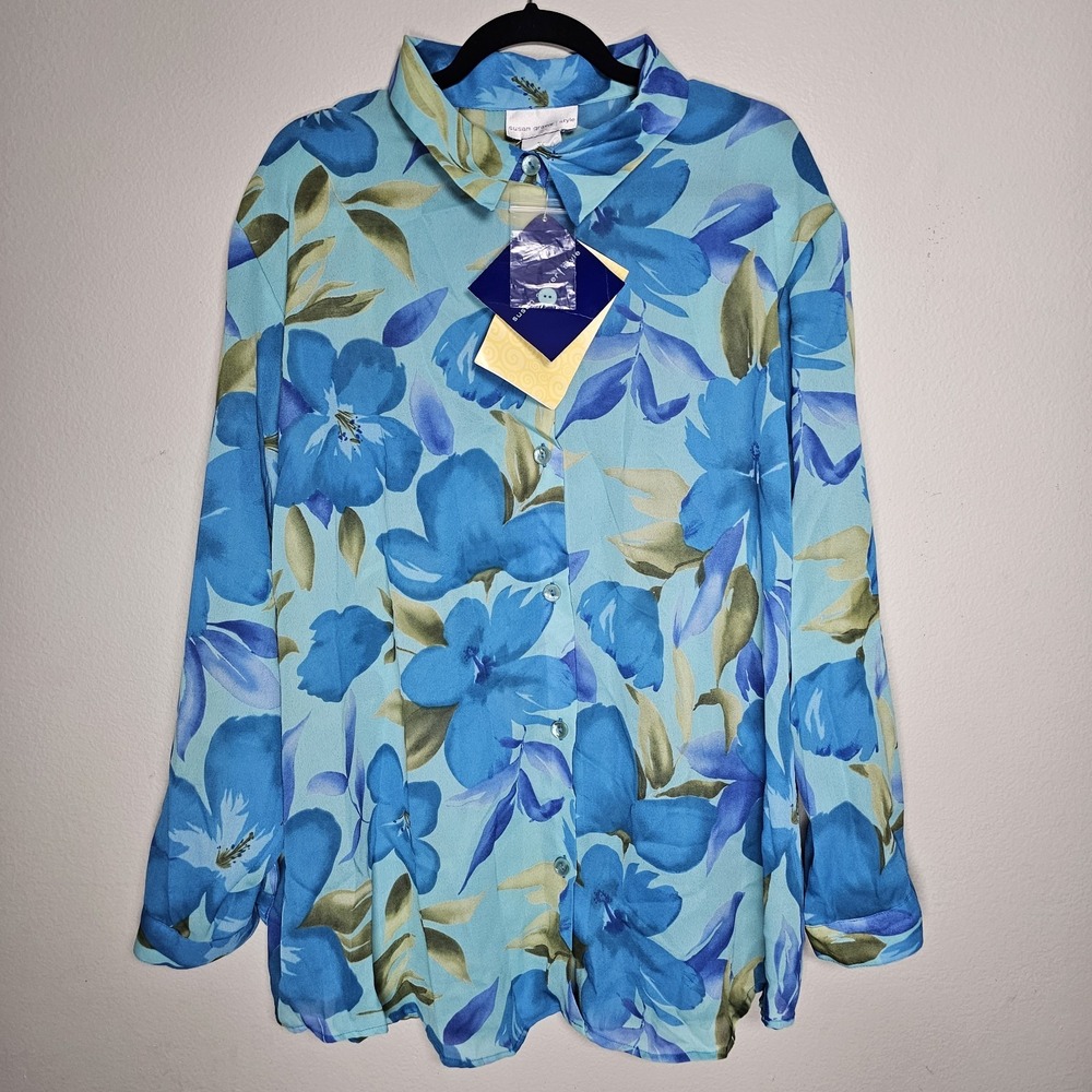 Susan Graver Style Blue Green Bold Floral Button Up Sheer Shirt Top Size 3X NEW